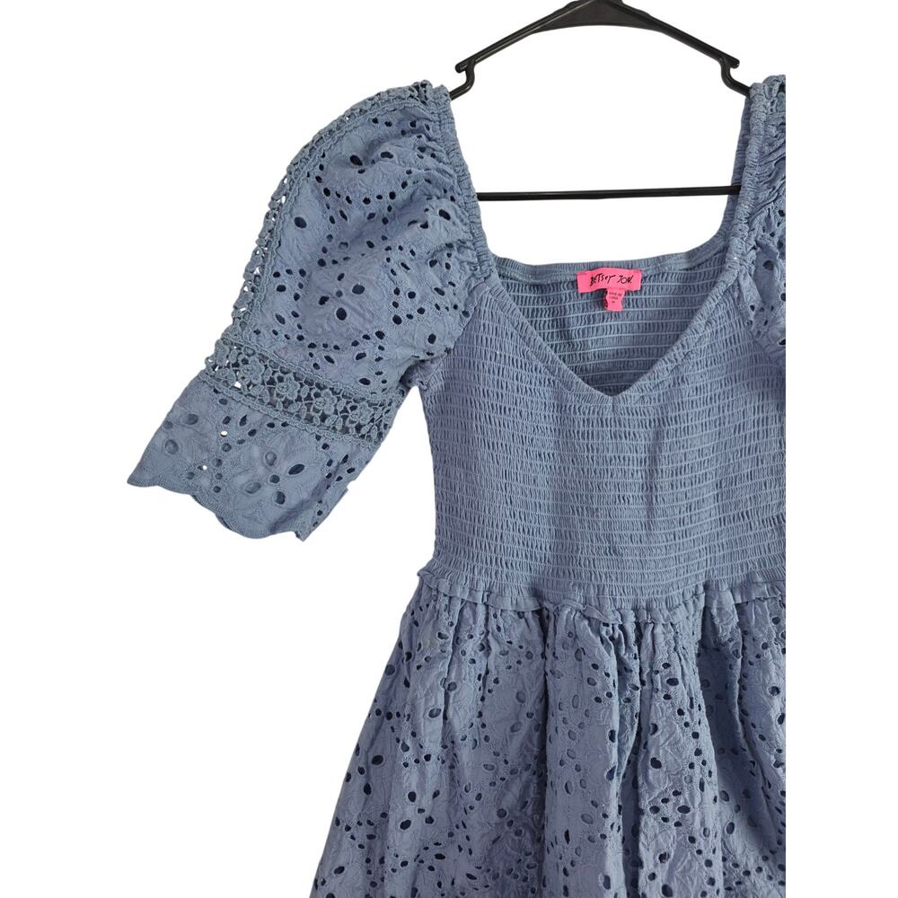 Betsey Johnson Eyelet Lace Mini Dress M Womens Blue Coquette Cottage Core V Neck - Picture 2 of 6